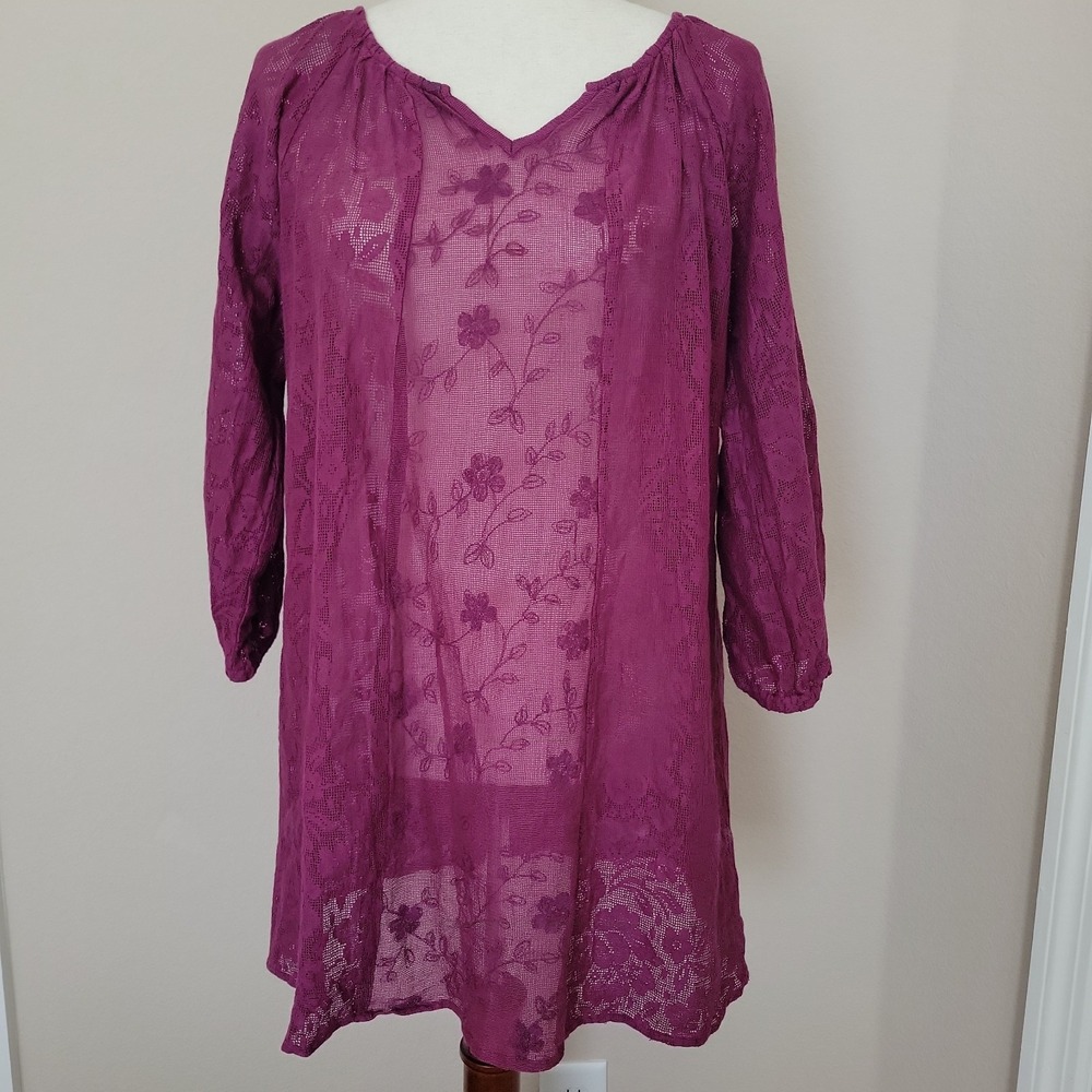 April Cornell Purple Sheer Net Coverup Dress Size XS Floral Cotton Oversized